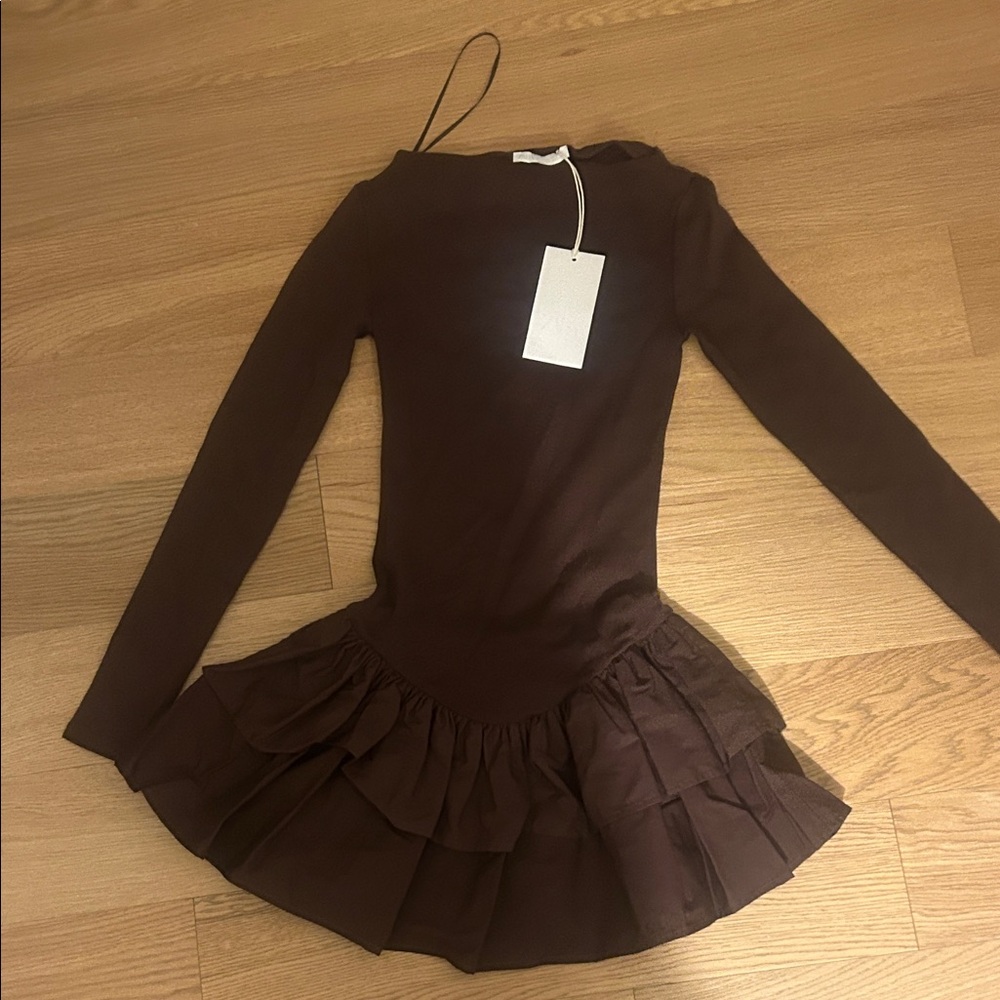 Kids Long-Sleeve Ruffle Hem Dress - Brown